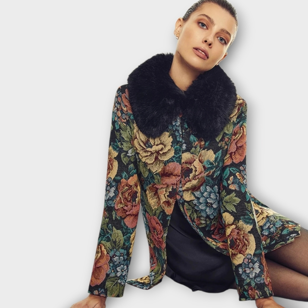NWOT UNREAL FUR Floral Tapestry MONARCH Lady Coat Faux Fur Collar MEDIUM